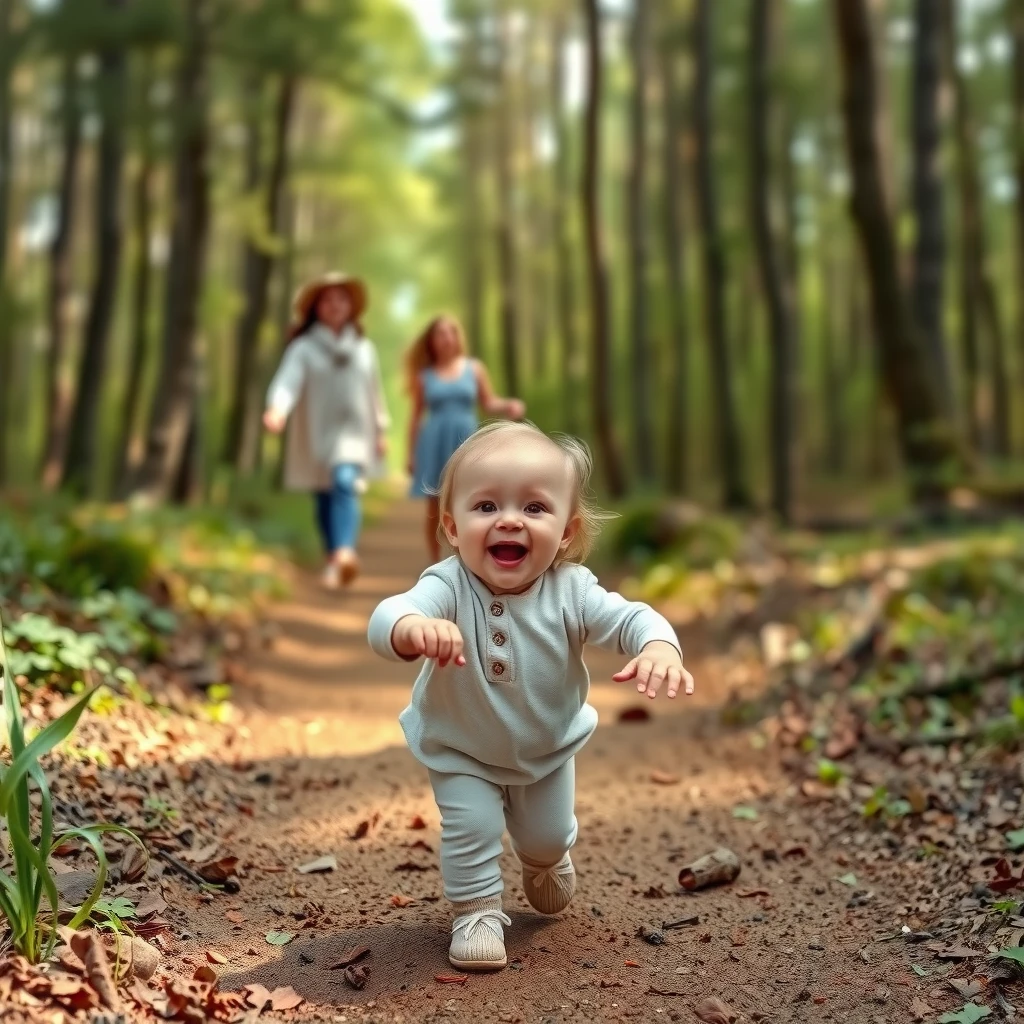 Fröhliches Kind spielt in der Natur, erkundet einen Waldpfad, Eltern im Hintergrund, einfache Kleidung, strahlendes Gesicht