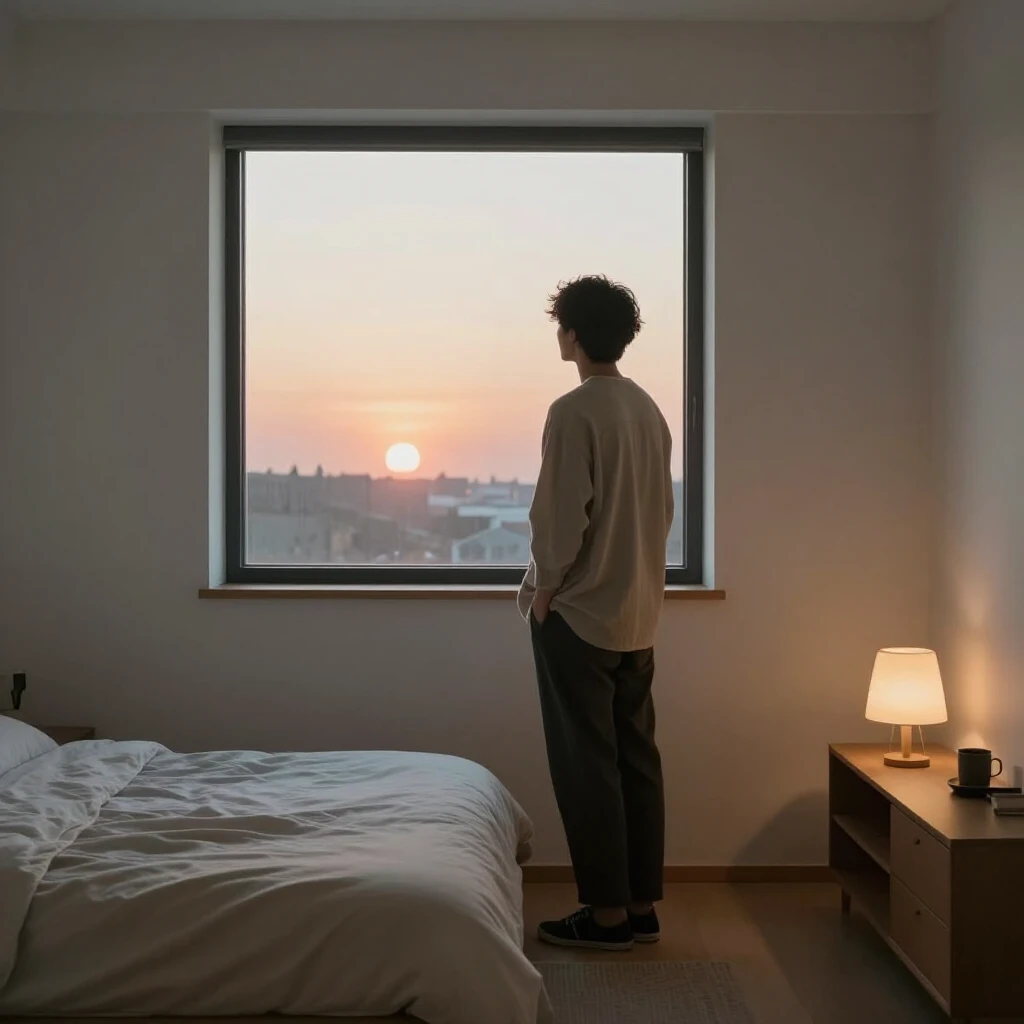 Eine Person in einem schlichten Schlafzimmer blickt auf den Sonnenaufgang – Symbol für einen bewussten, essentialistischen Start in den Tag