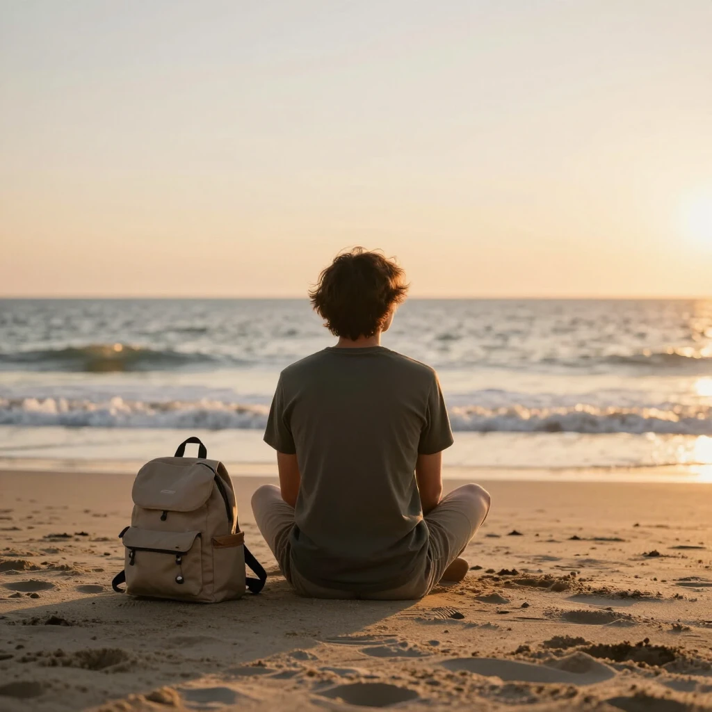 Eine entspannte Person am Strand bei Sonnenuntergang mit nur einem kleinen Rucksack – Symbol für Freiheit und minimalistisches Leben