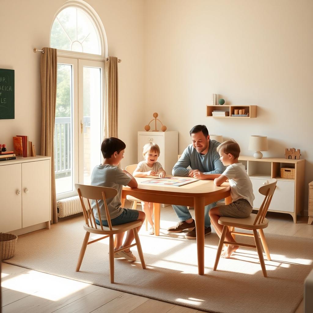 Eine Familie spielt ein Brettspiel in einem minimalistischen Wohnzimmer mit wenigen Möbeln und viel Tageslicht.