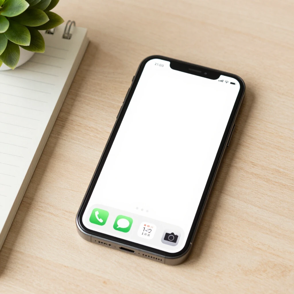 Minimalistisches Smartphone mit wenigen Apps auf einem Holzschreibtisch neben Notizbuch und Pflanze
