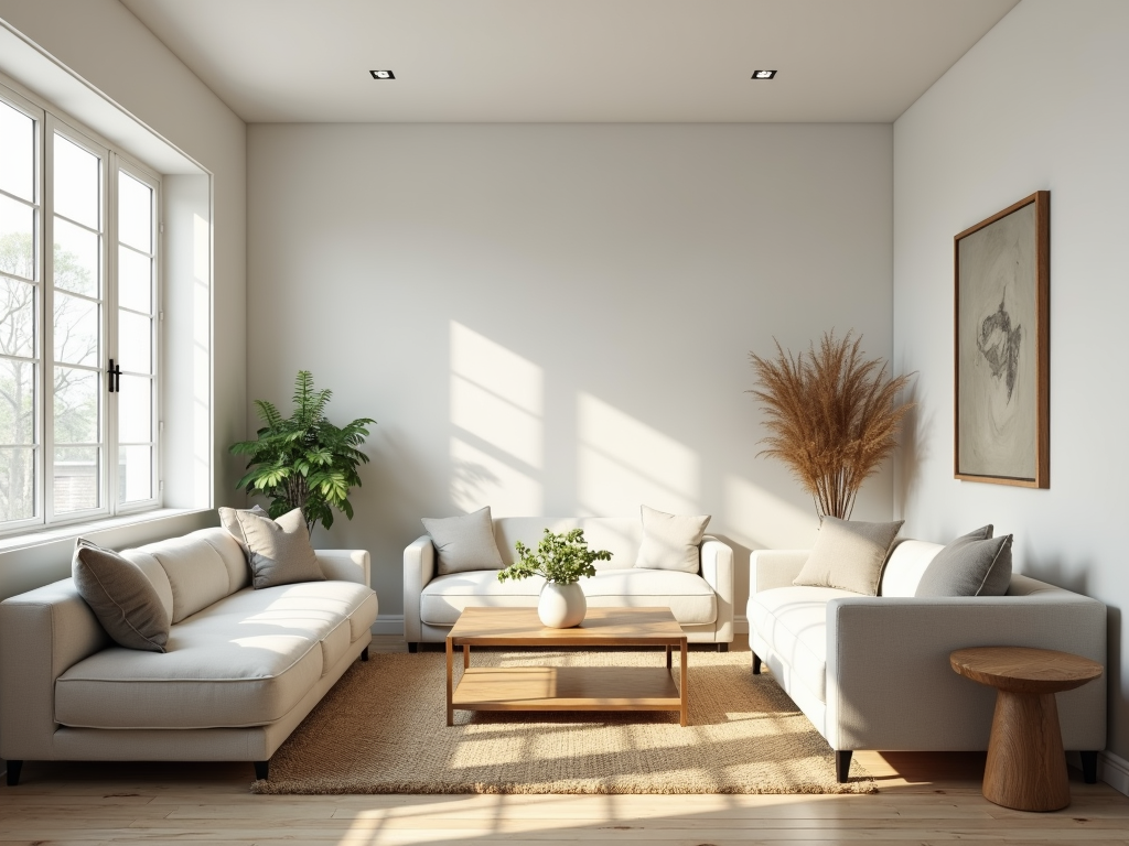 Ein minimalistisches Wohnzimmer mit natürlichem Licht und wenigen, sorgfältig ausgewählten Dekorationsgegenständen.