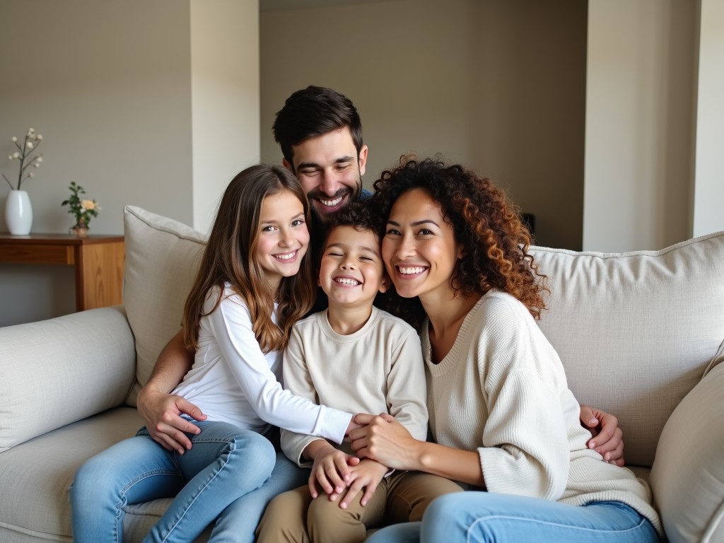 A family enjoying a simple living room, symbolizing minimalism with family.