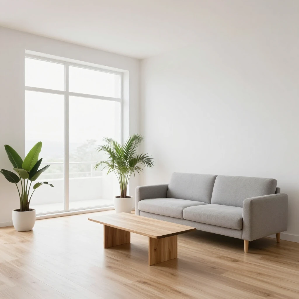Ein helles, minimalistisches Wohnzimmer mit natürlichem Licht, wenigen Möbeln und Pflanzen