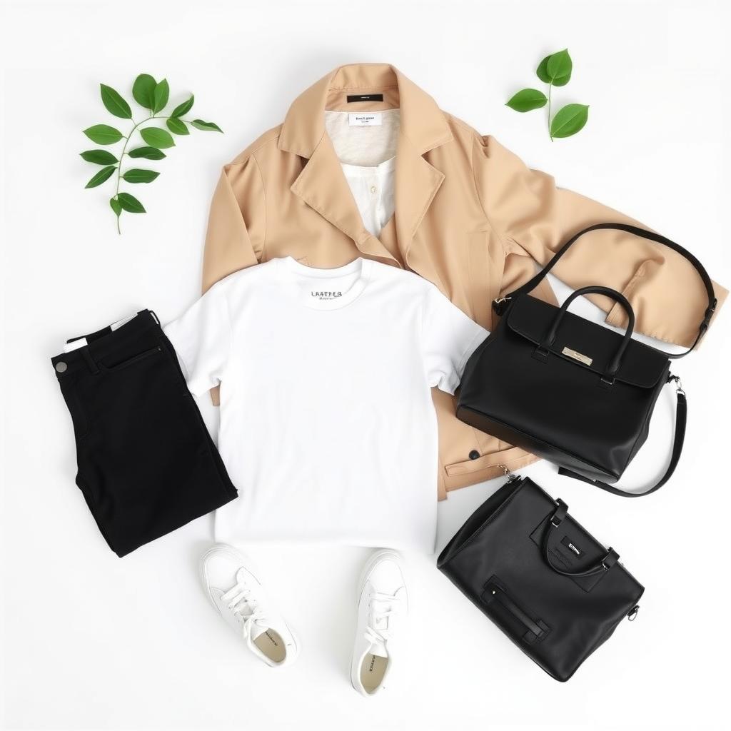 Eine flache Anordnung von Capsule-Wardrobe-Basics auf weißem Hintergrund, einschließlich weißem T-Shirt, schwarzer Jeans, beigem Trenchcoat, weißen Sneakern und schwarzer Ledertasche.