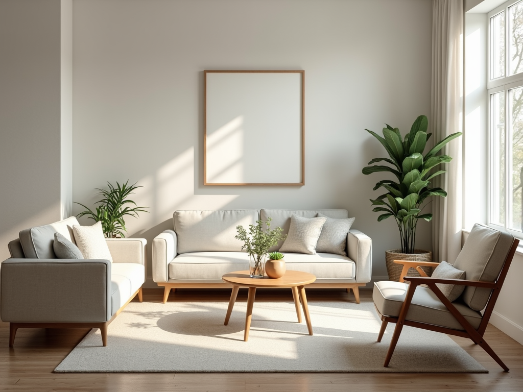 Ein aufgeräumtes Wohnzimmer mit minimalen Möbeln und natürlichem Licht.