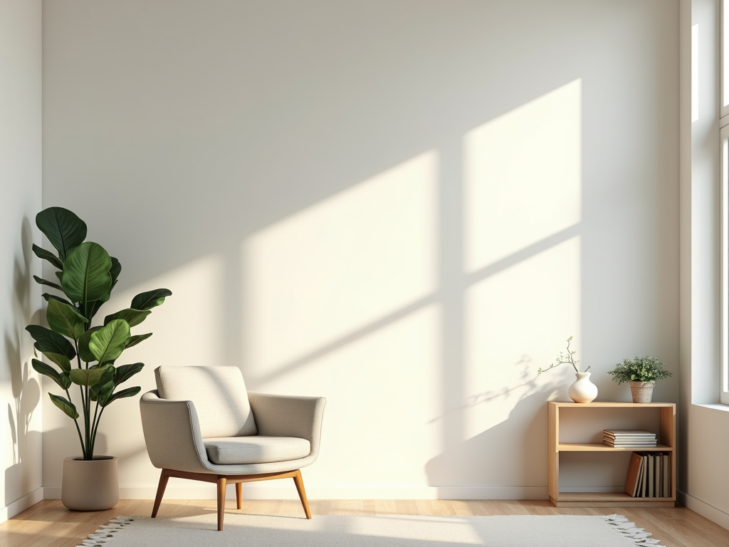 Minimalistisches Wohnzimmer mit natürlichem Licht und wenigen, ausgewählten Möbelstücken.