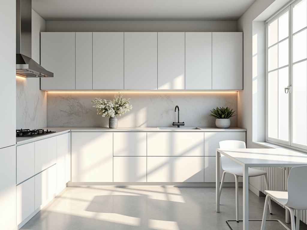 Minimalistische Küche mit weißen Schränken und einer Marmorarbeitsplatte