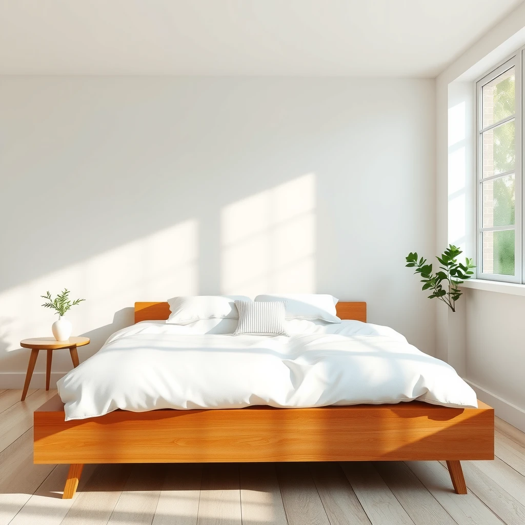 Ein ruhiges, minimalistisches Schlafzimmer mit weißer Bettwäsche, Holzbett und natürlichem Licht – perfektes Beispiel für Minimalismus im Schlafzimmer