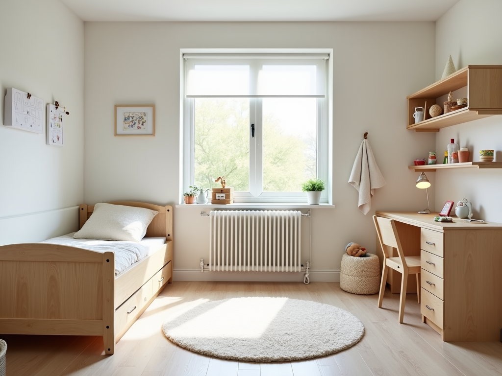 Ein helles, minimalistisches Kinderzimmer mit funktionalen Möbeln und wenigen, ausgewählten Spielsachen.
