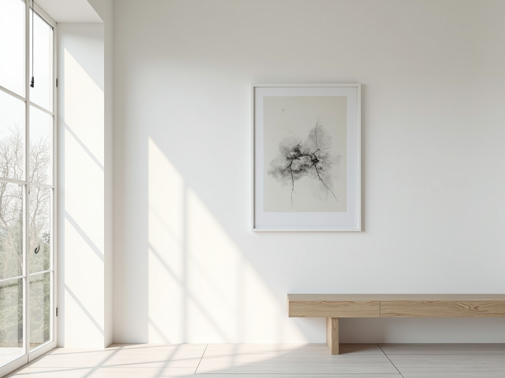 Minimalistisches Wohnzimmer mit weißen Wänden und einem einzelnen Kunstwerk