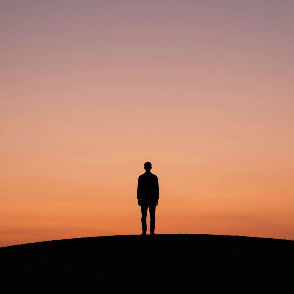 Minimalistische Silhouette einer Person bei Sonnenuntergang vor leuchtendem Himmel