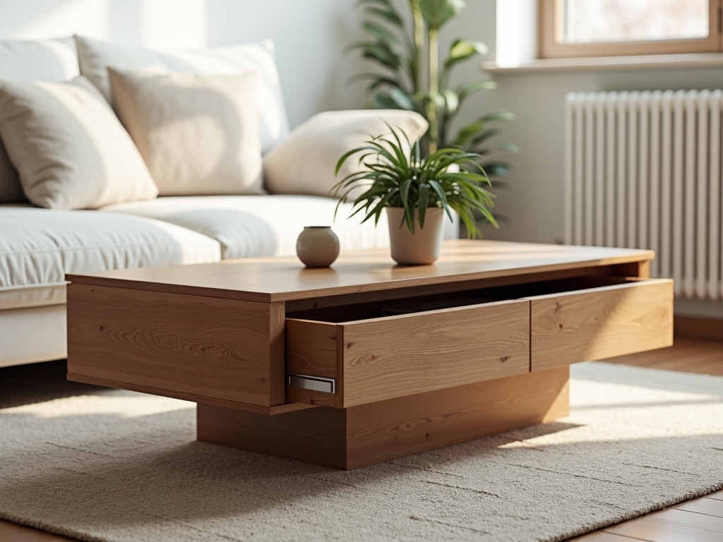 Ein gemütliches minimalistisches Wohnzimmer mit einem schlichten Holztisch mit Stauraum, einem weißen Sofa und einer einzelnen Topfpflanze, beleuchtet von Tageslicht.