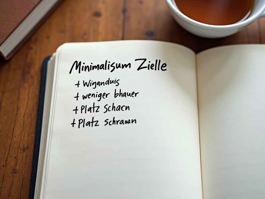 Ein Notizbuch mit Minimalismus-Zielen neben einer Tasse Tee