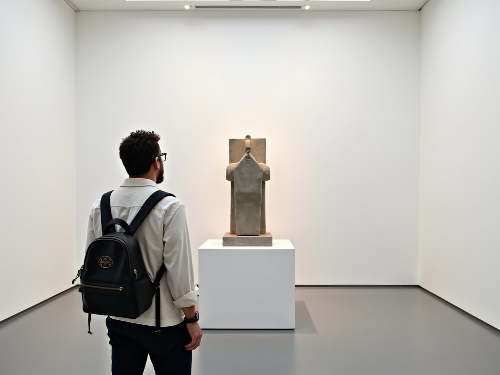 Besucher betrachtet eine minimalistische Skulptur in einer Galerie.