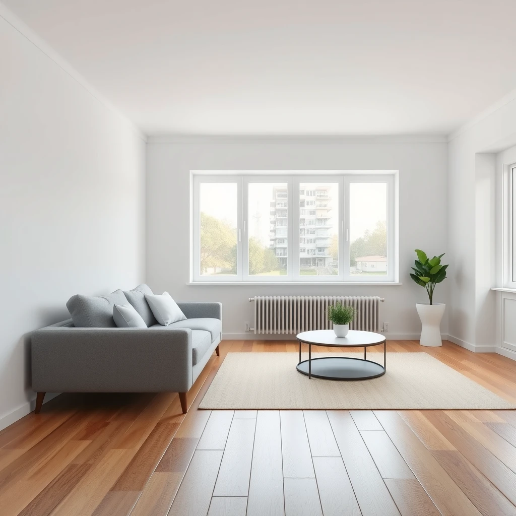 Helles, minimalistisches Wohnzimmer mit wenig Möbeln und viel Platz