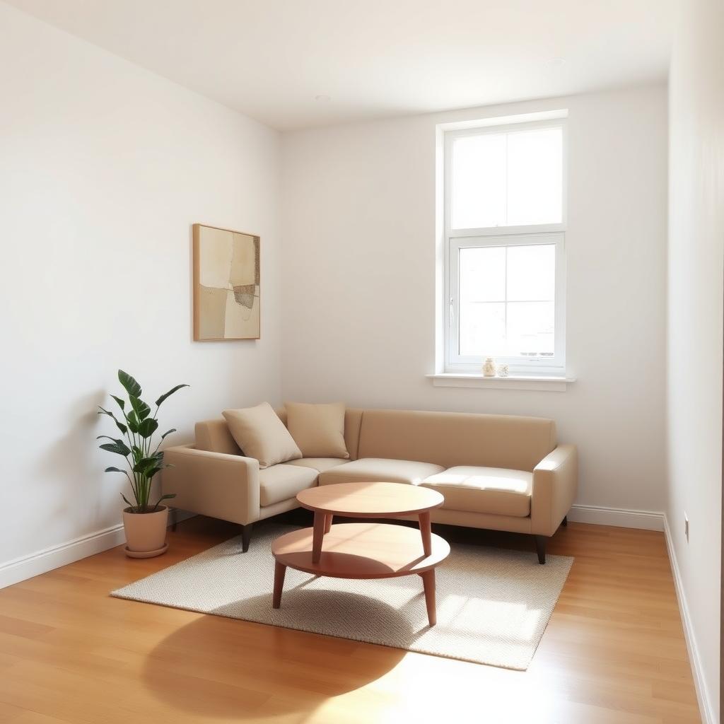 Minimalistisches Wohnzimmer mit beigem Sofa, kleinem Holztisch und großem Fenster