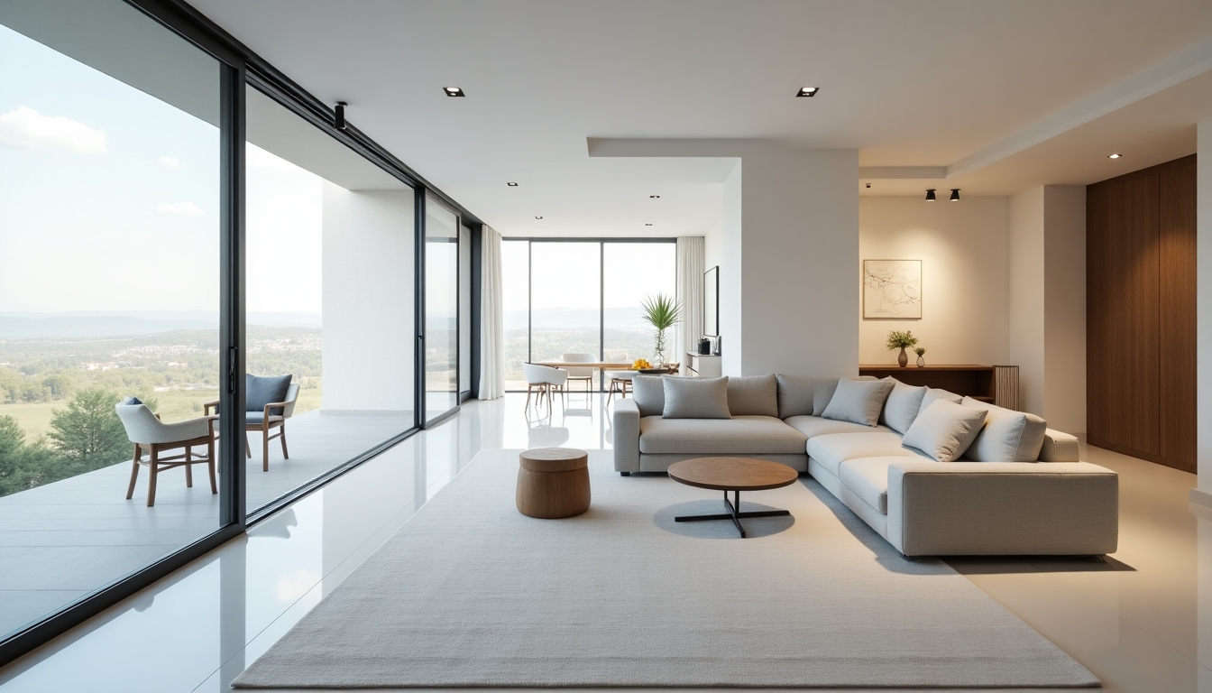 An elegantly designed minimalist house featuring large windows and open spaces.
