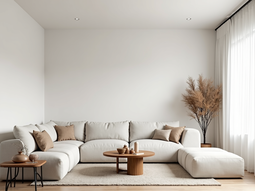 Ein minimalistisches Wohnzimmer mit nur den notwendigen Möbeln und Dekorationen.