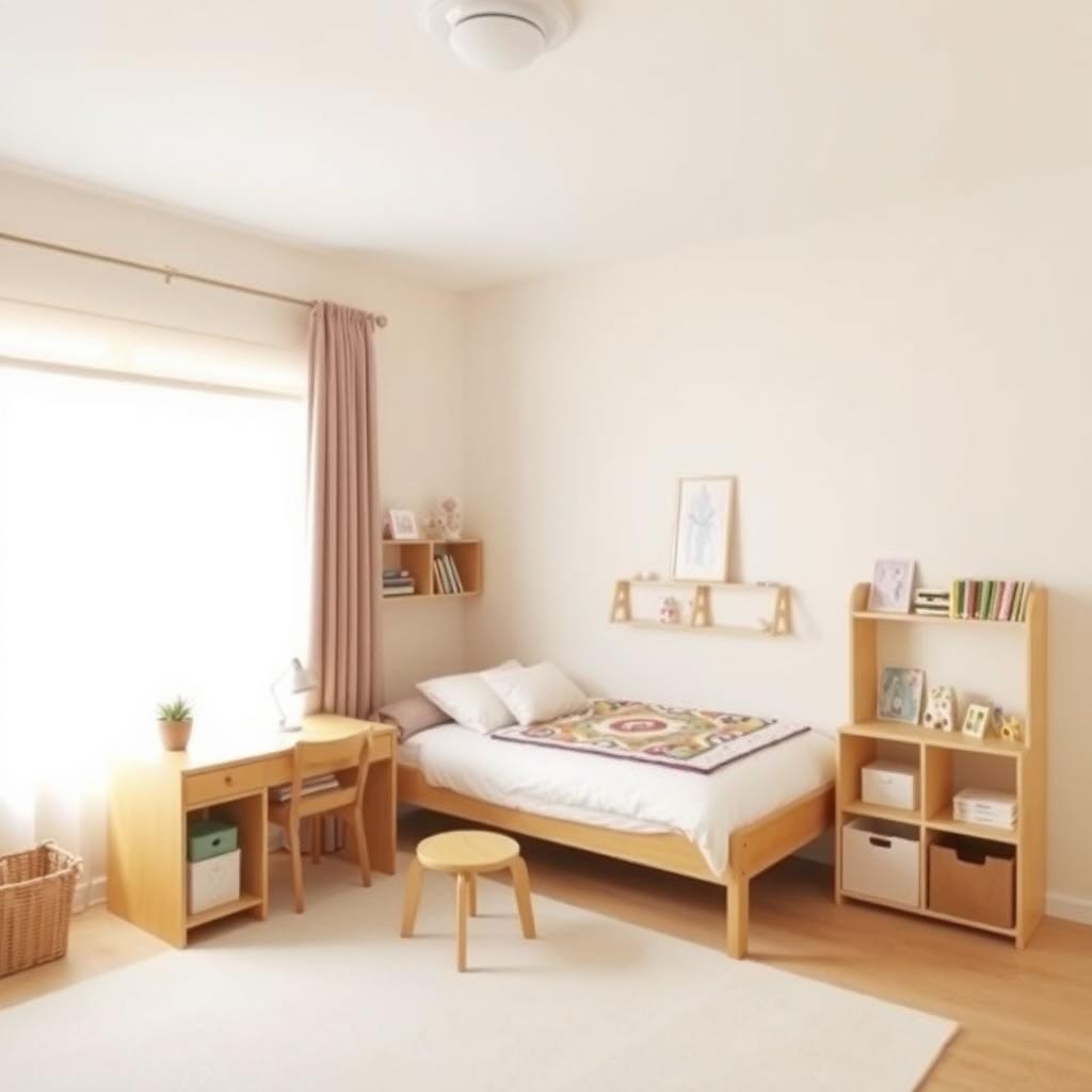 Ein minimalistisches Kinderzimmer mit einem Bett, einem kleinen Schreibtisch und wenigen ausgewählten Spielsachen.