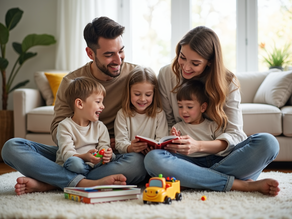 Eine Familie genießt Zeit zusammen in einem minimalistischen Zuhause.