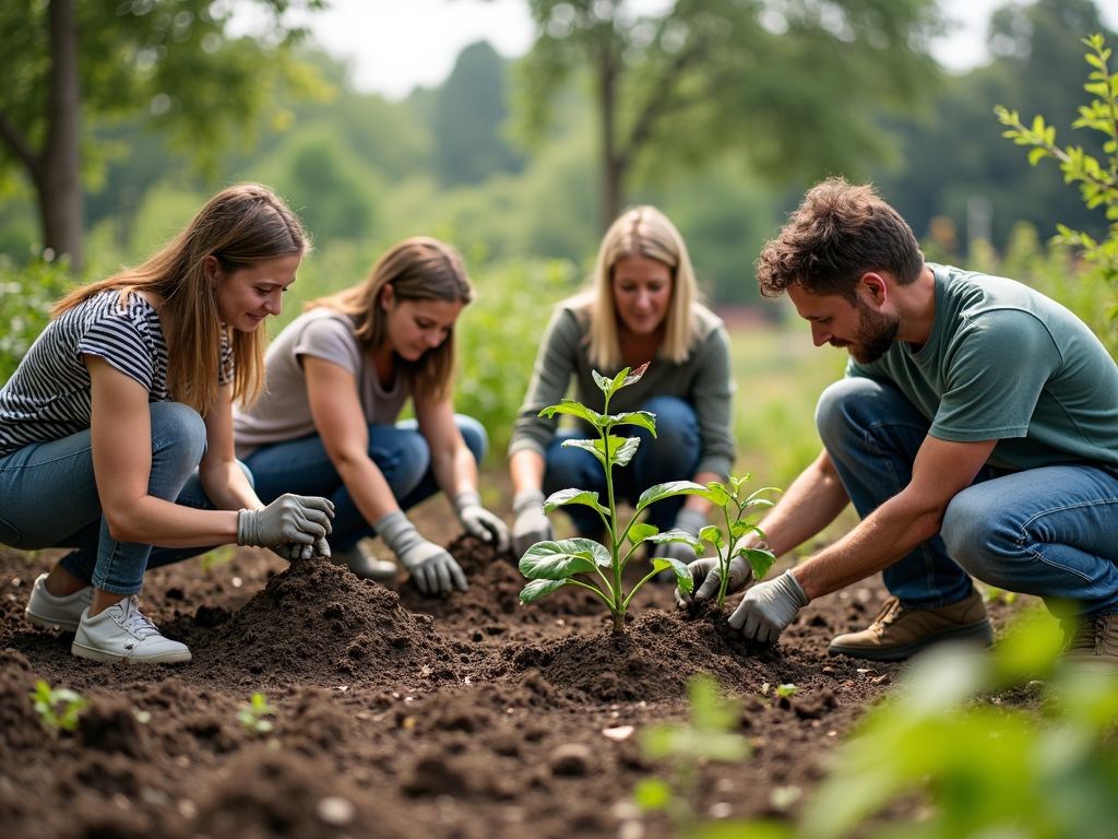 Menschen pflanzen Bäume in einem Gemeinschaftsgarten