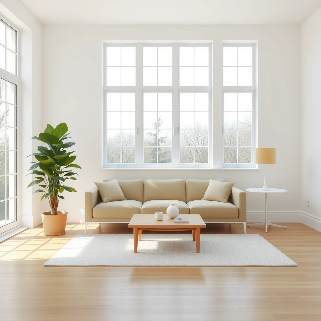 Helles, minimalistisches Wohnzimmer mit viel Platz und einer großen Zimmerpflanze