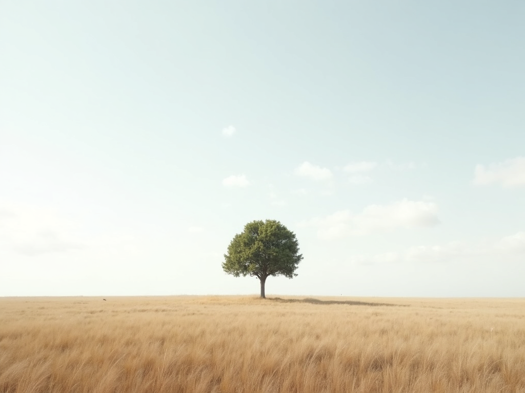 Eine minimalistische Landschaft mit einem einzelnen Baum in einem weiten Feld.