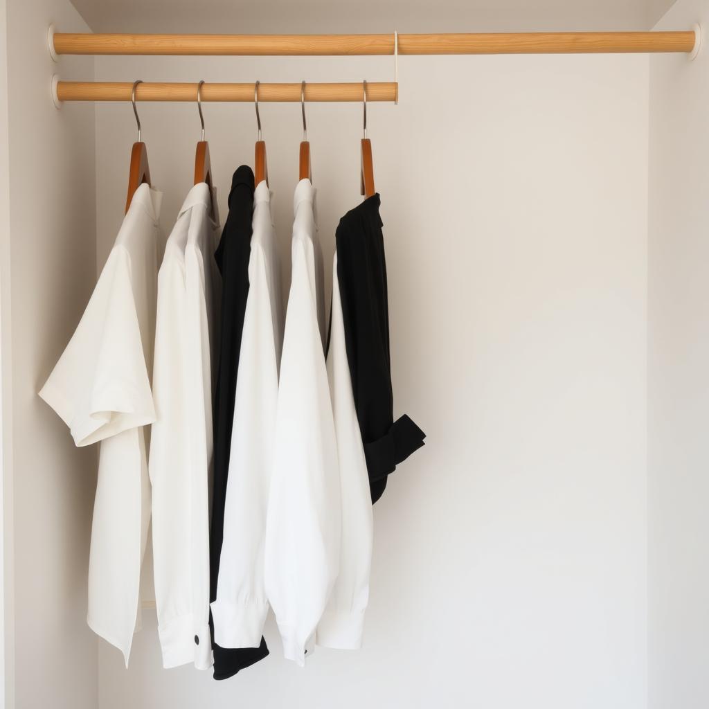 Ein aufgeräumter Kleiderschrank mit einer minimalistischen Kleidungsauswahl in neutralen Farben, ordentlich auf Holzbügeln arrangiert.