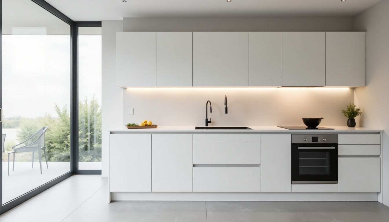 A minimalist kitchen with sleek surfaces and clean lines, free from clutter.