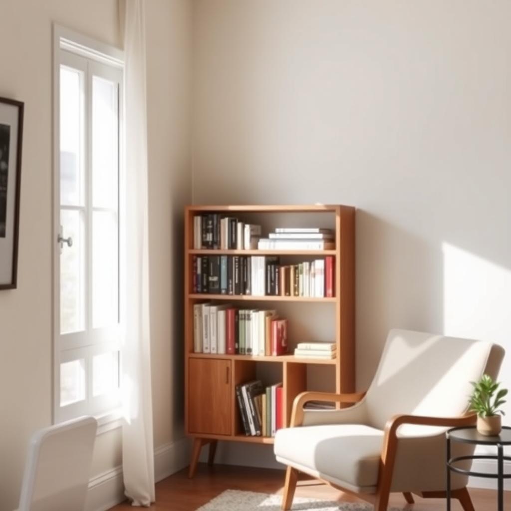 Ein minimalistisches Wohnzimmer mit einem kleinen Holzregal, das 10-15 sorgfältig ausgewählte Bücher enthält, beleuchtet von natürlichem Licht.