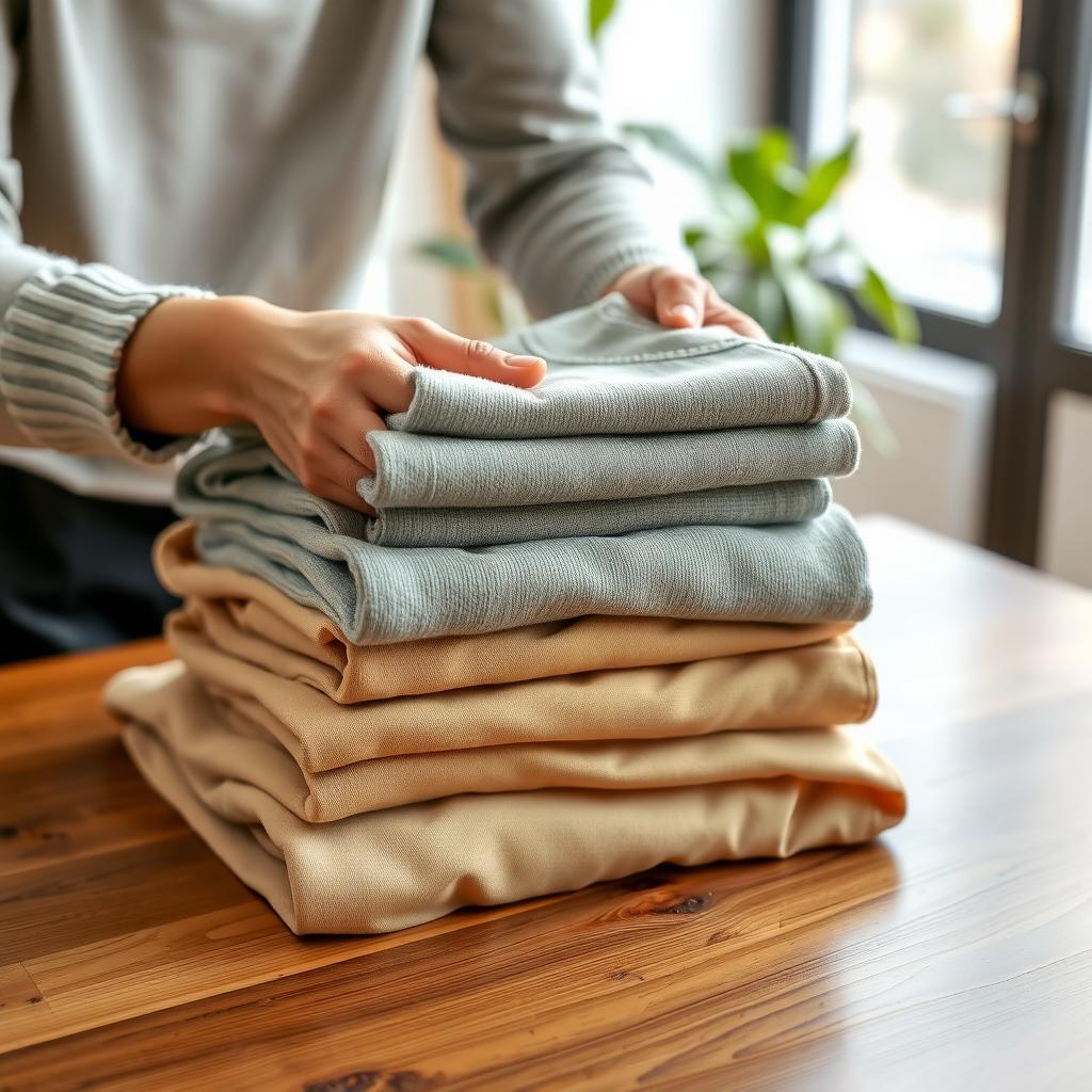 Eine Person faltet nachhaltige Kleidung, darunter einen grauen Pullover und khakifarbene Chinos, auf einem Holztisch in einem hellen Raum mit einer Topfpflanze.