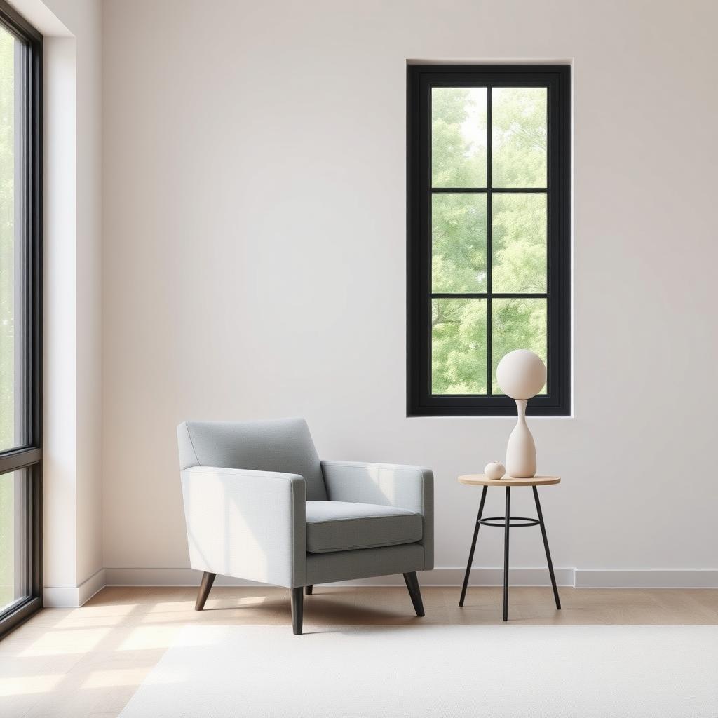 Minimalistische Wohnzimmerecke mit grauem Sessel, kleinem Tisch und Blick auf Grün durch ein großes Fenster.