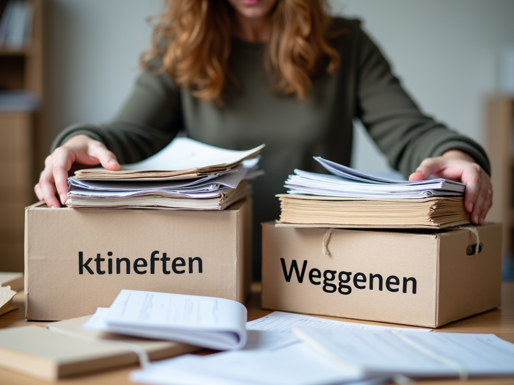 Eine Person sortiert Bücher und Papiere, mit Kisten für 'Behalten' und 'Weggeben'
