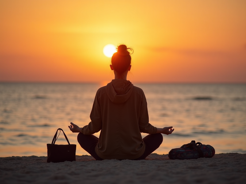 Ein Reisender meditiert am Strand bei Sonnenuntergang, mit einer kleinen Tasche neben sich, die Frieden und Achtsamkeit verkörpert.