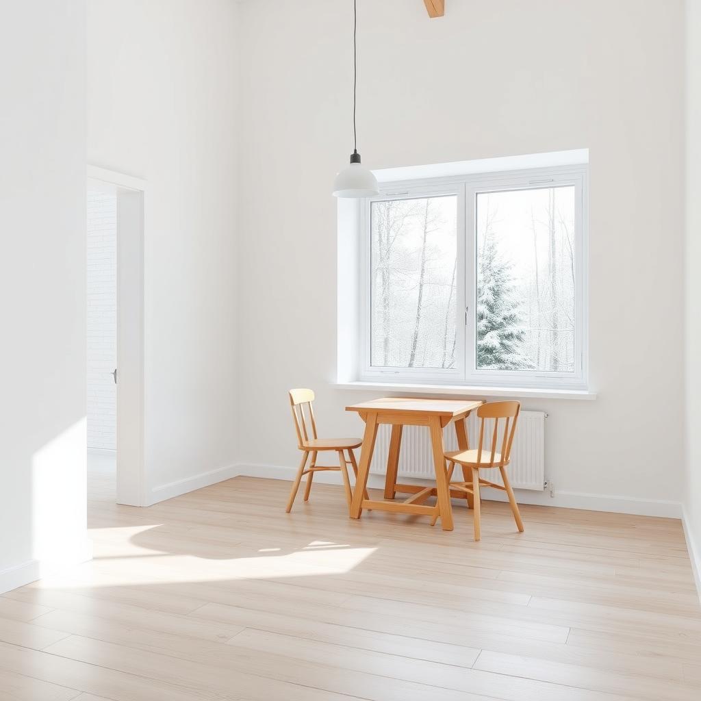 Ein skandinavisches minimalistisches Wohnzimmer mit weißen Wänden, Holzboden und Blick auf einen verschneiten Wald.
