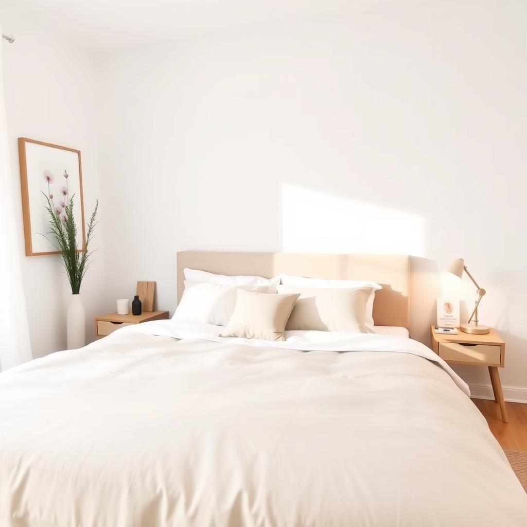 Gemütliches minimalistisches Schlafzimmer mit kuscheliger Bettwäsche.