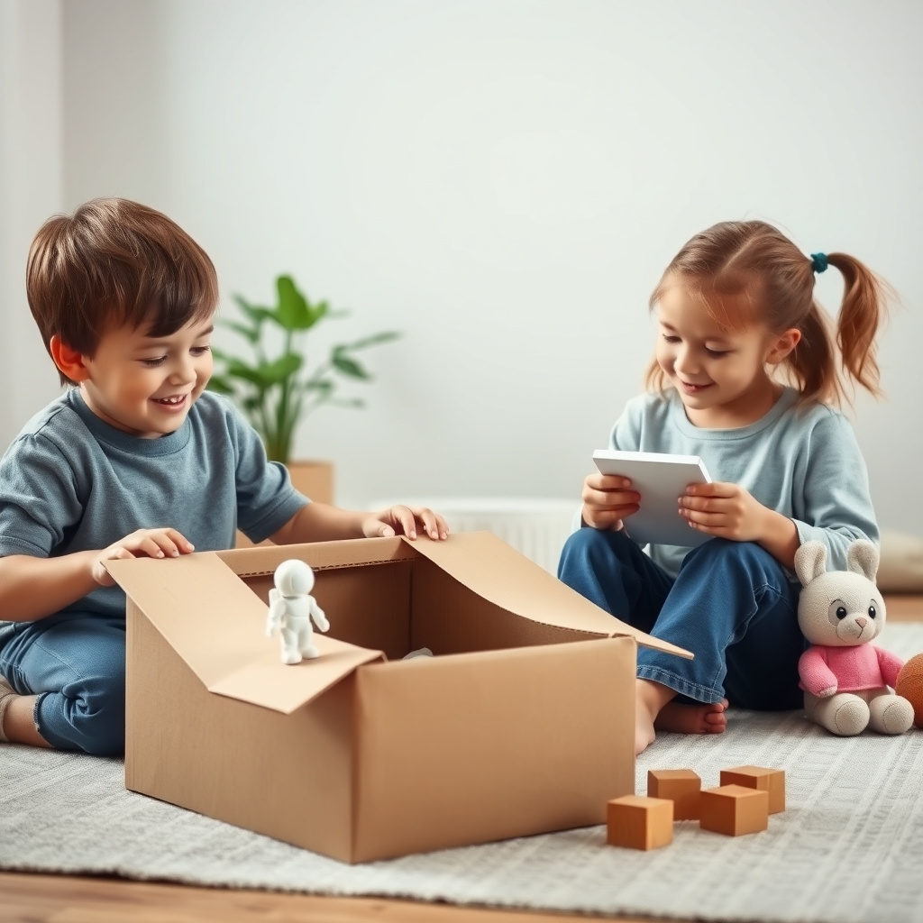 Kinder beim kreativen Spiel mit wenigen Spielzeugen