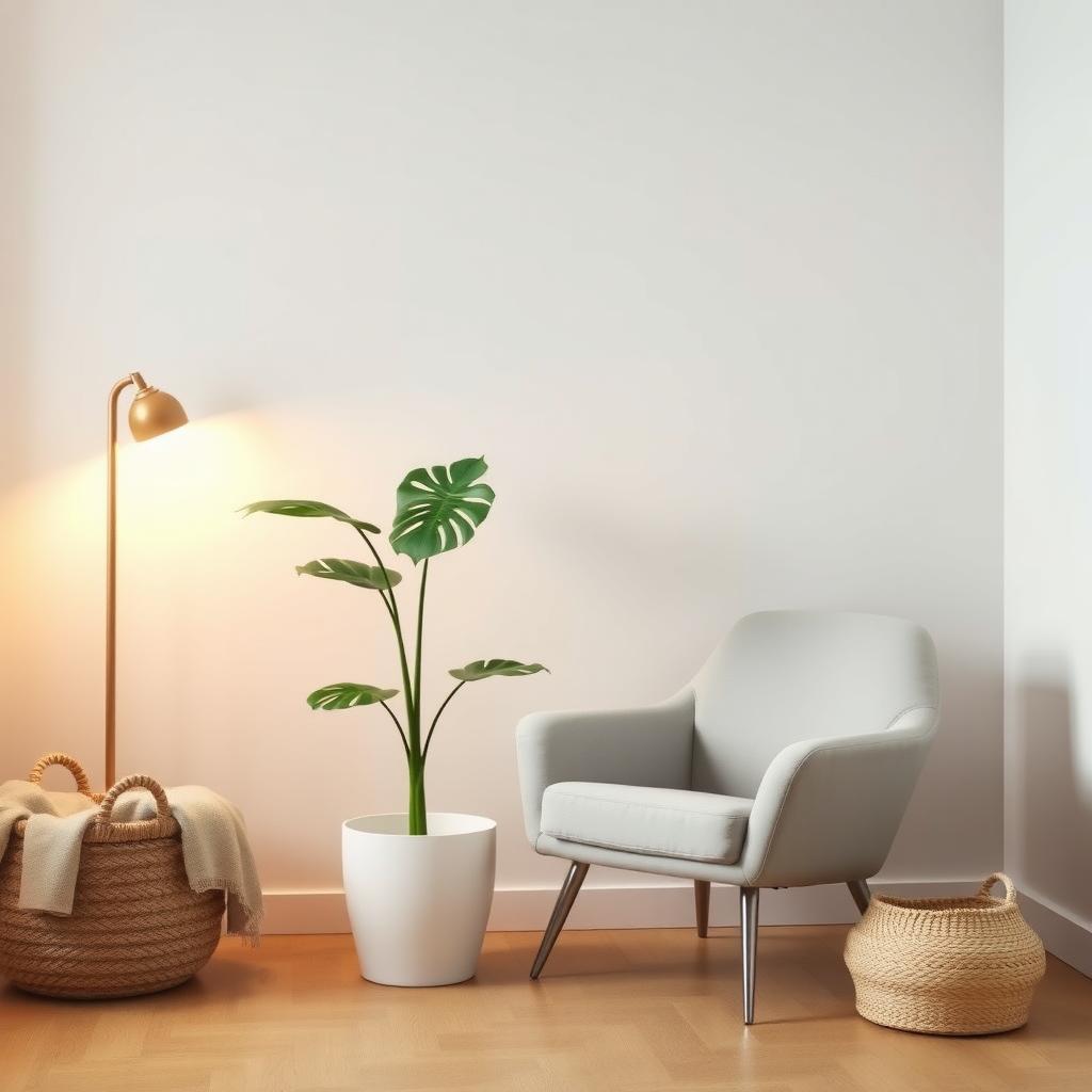 Minimalistische Wohnzimmerecke mit einer großen Monstera-Pflanze in einem weißen Keramiktopf, einem grauen Sessel, einem geflochtenen Korb mit Decke und einer warmen Stehlampe.