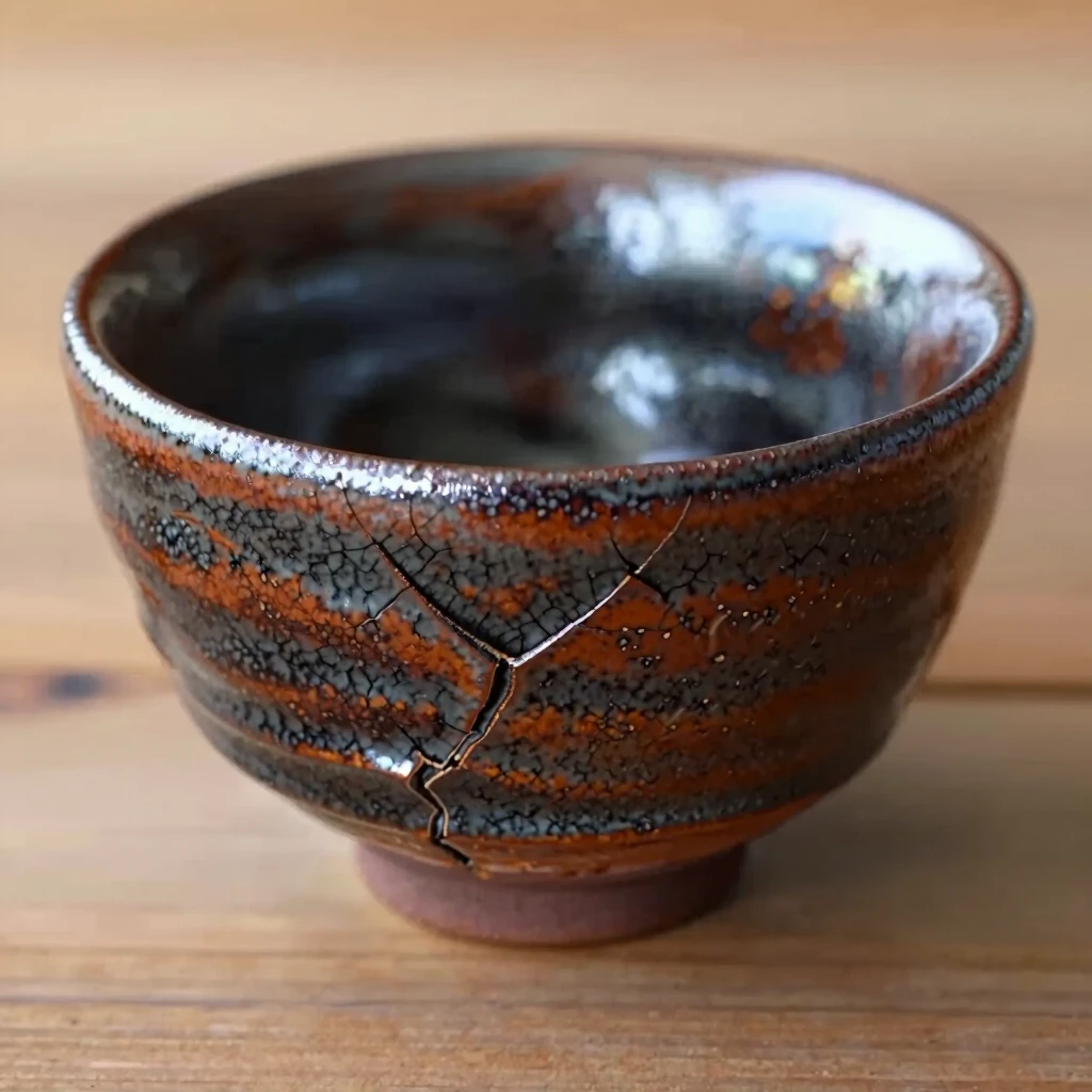 Traditionelle japanische Teeschale (Chawan) mit sichtbaren Unvollkommenheiten und rustikaler Glasur, die die Wabi-Sabi-Ästhetik verkörpert