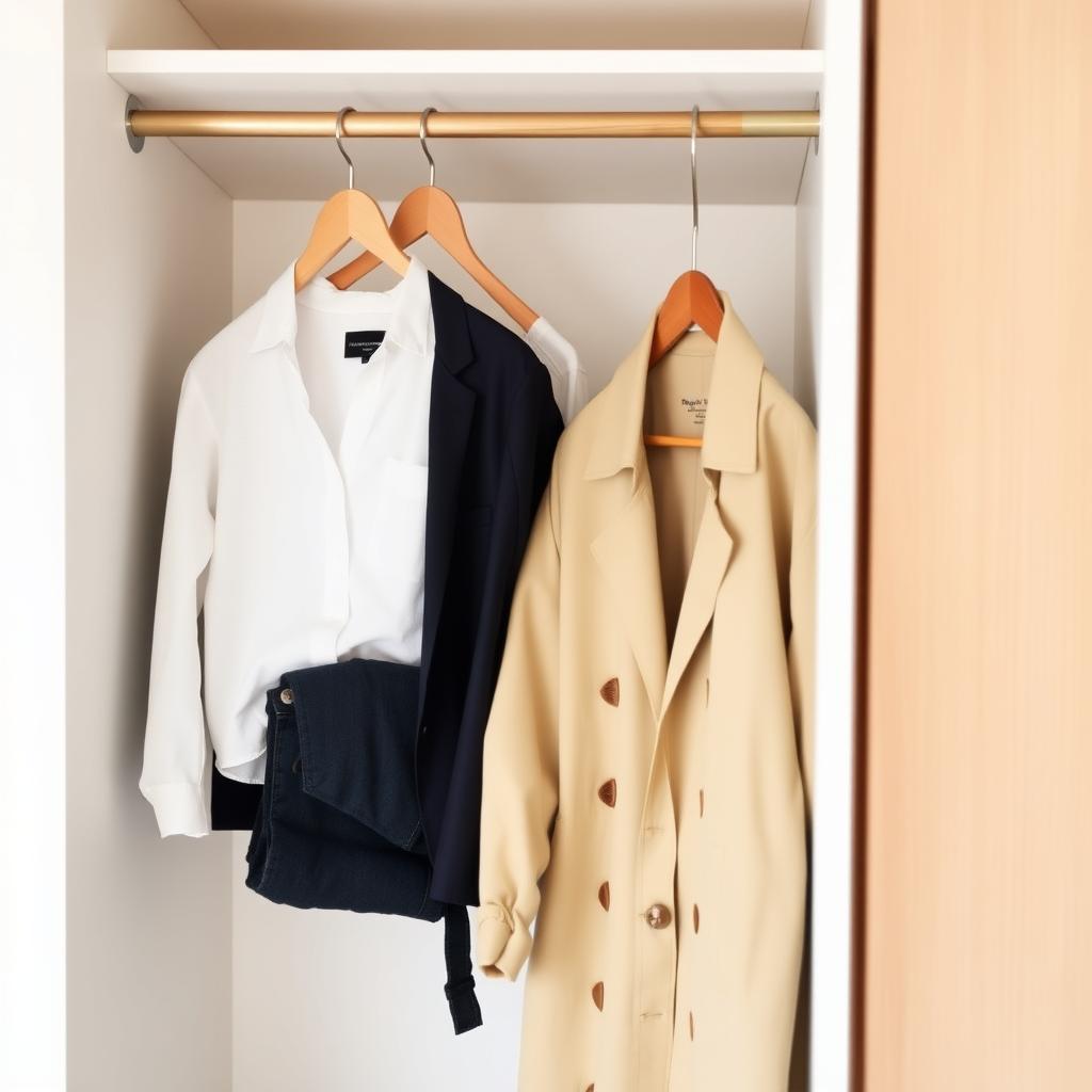 Ein aufgeräumter Kleiderschrank mit nachhaltiger Kleidung, darunter ein weißes Leinenhemd, ein marineblauer Blazer, dunkle Jeans und ein beiger Trenchcoat, in einem minimalistischen Raum.