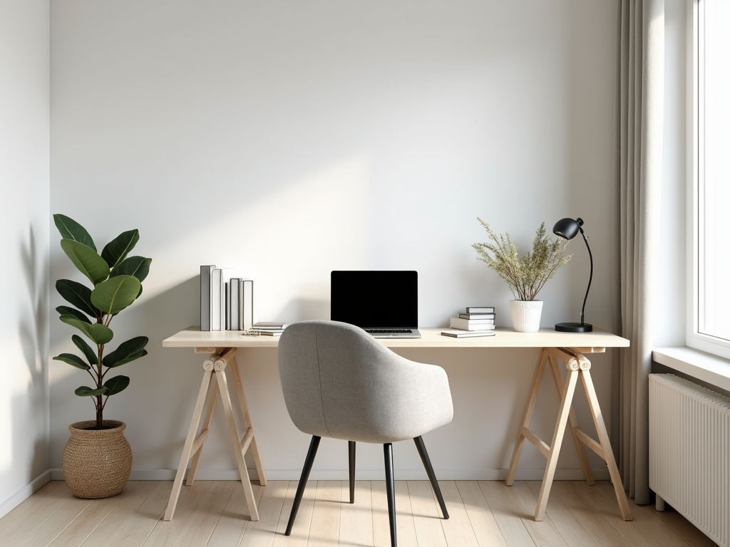 Minimalistisches Homeoffice mit einfachem Schreibtisch und Laptop