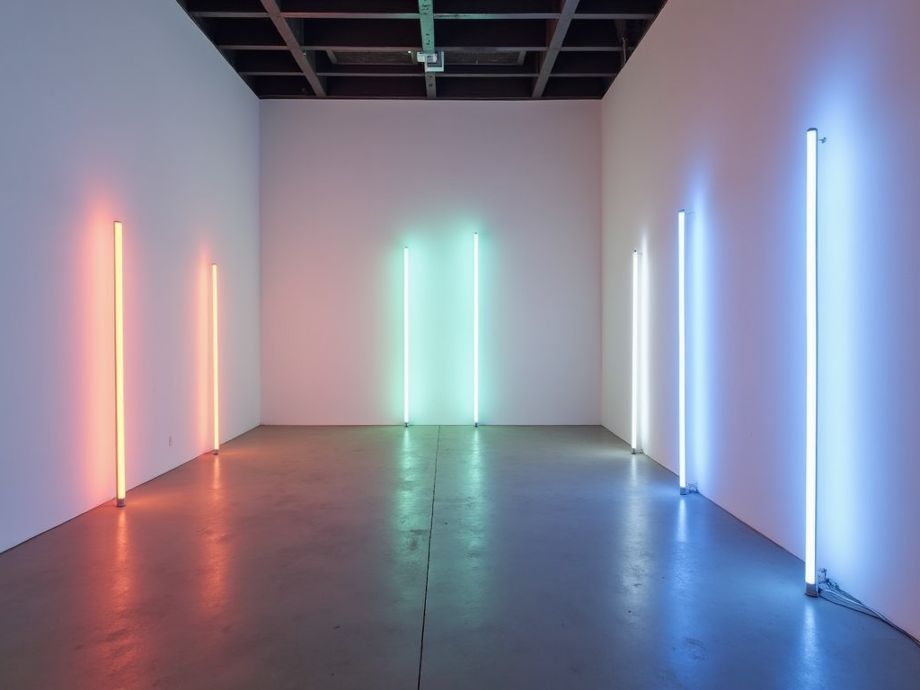 Installation von Dan Flavins fluoreszierenden Lichtskulpturen in einer Galerie, die in sanften Farben gegen weiße Wände leuchten.