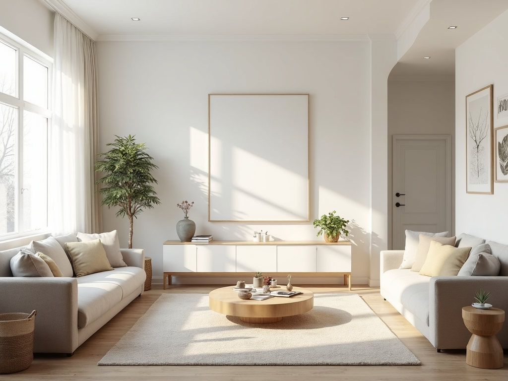 Ein minimalistisches Wohnzimmer mit wenigen Möbeln und natürlichem Licht.