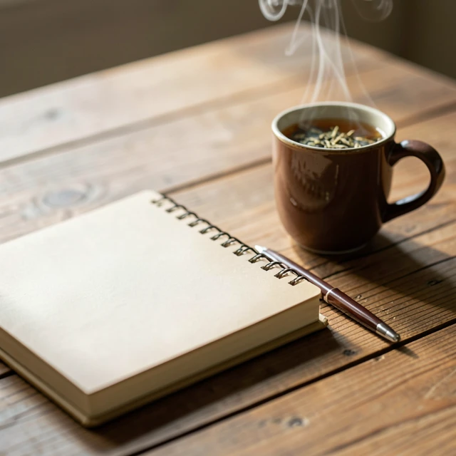 Minimalistischer Tisch mit Journal für Achtsamkeitsübungen
