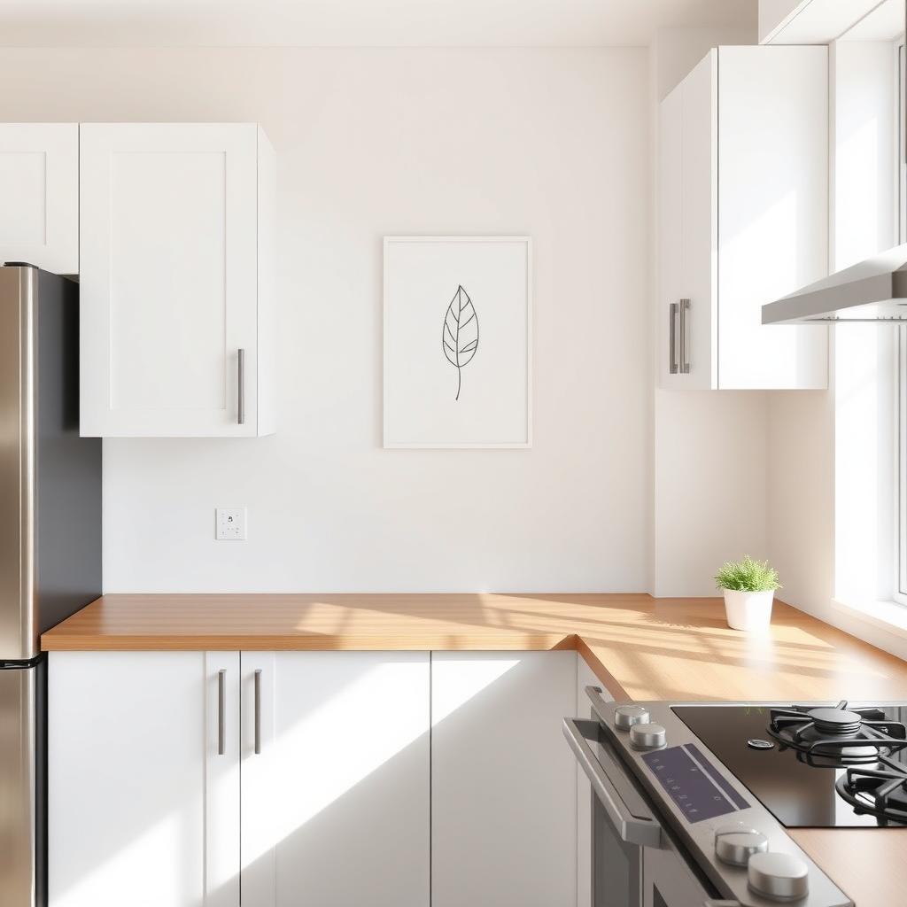 Eine minimalistische Küche mit weißen Schränken, hölzerner Arbeitsplatte und einem schlichten Wandbild mit einer schwarzen Blattzeichnung.