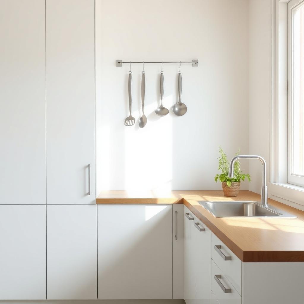 Eine minimalistische Küche mit weißen Schränken, einer Holz-Arbeitsplatte, einem Edelstahlspülbecken und wenigen, ordentlich arrangierten Küchenutensilien.