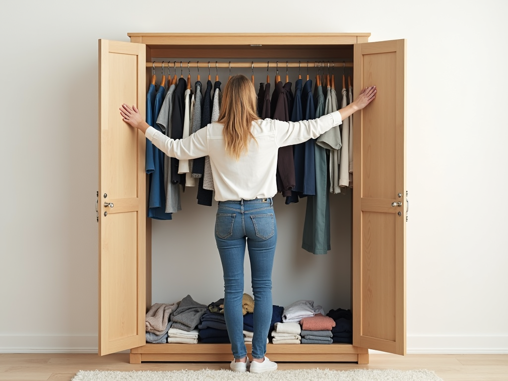 Eine Person, die vor einem offenen Kleiderschrank steht und Kleidung aussortiert.