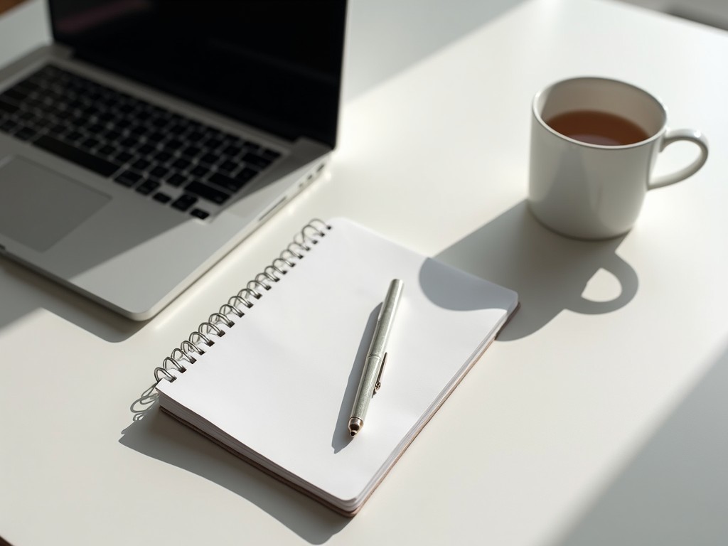 A clutter-free, minimalist workspace with just a laptop and a notebook.