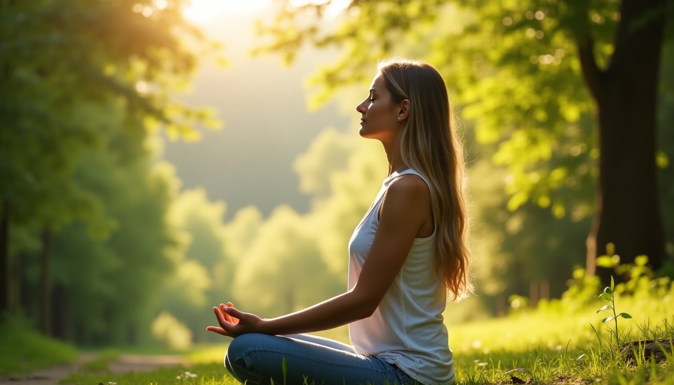 Eine Frau, die in der Natur meditiert, symbolisiert geistige Klarheit und Einfachheit.